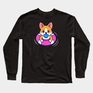 Cute Corgi Dog Floating With Swimming Tires Cartoon Vector Icon Illustration Long Sleeve T-Shirt